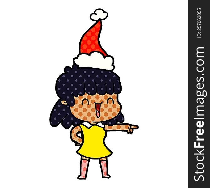 hand drawn comic book style illustration of a happy girl wearing santa hat