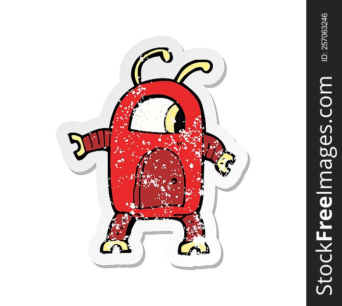 Retro Distressed Sticker Of A Cartoon Alien Robot