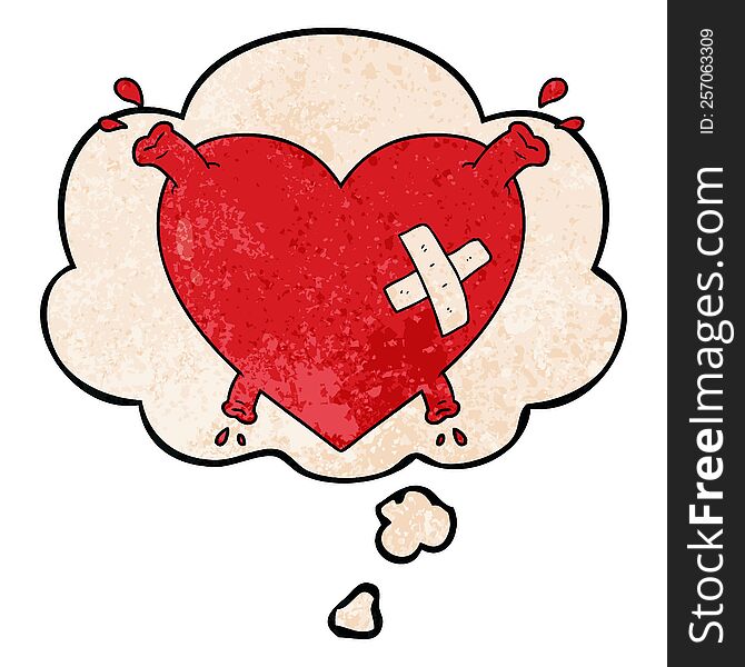 cartoon heart squirting blood with thought bubble in grunge texture style. cartoon heart squirting blood with thought bubble in grunge texture style