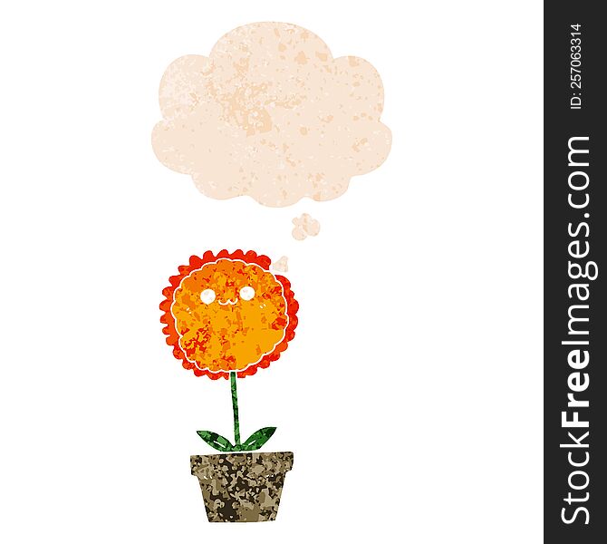 Cartoon Flower And Thought Bubble In Retro Textured Style