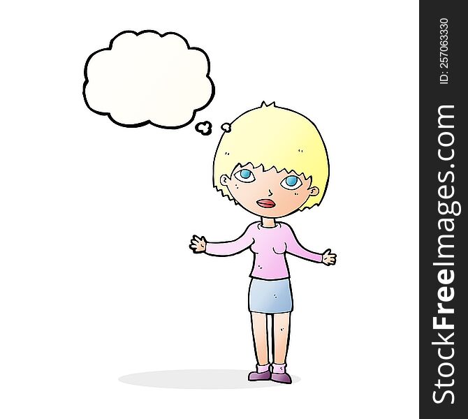 Cartoon Woman Shrugging  With Thought Bubble