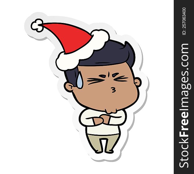 Sticker Cartoon Of A Frustrated Man Wearing Santa Hat