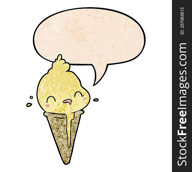 cute cartoon ice cream with speech bubble in retro texture style