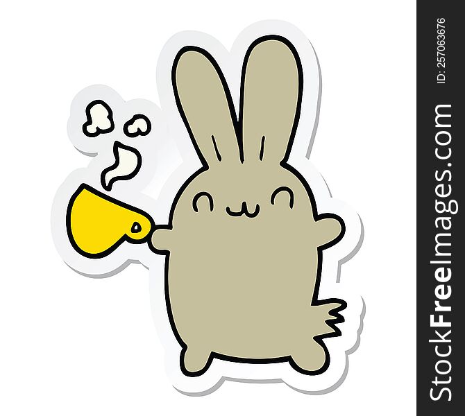 sticker of a cute cartoon rabbit drinking coffee
