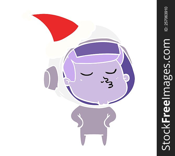 hand drawn flat color illustration of a confident astronaut wearing santa hat