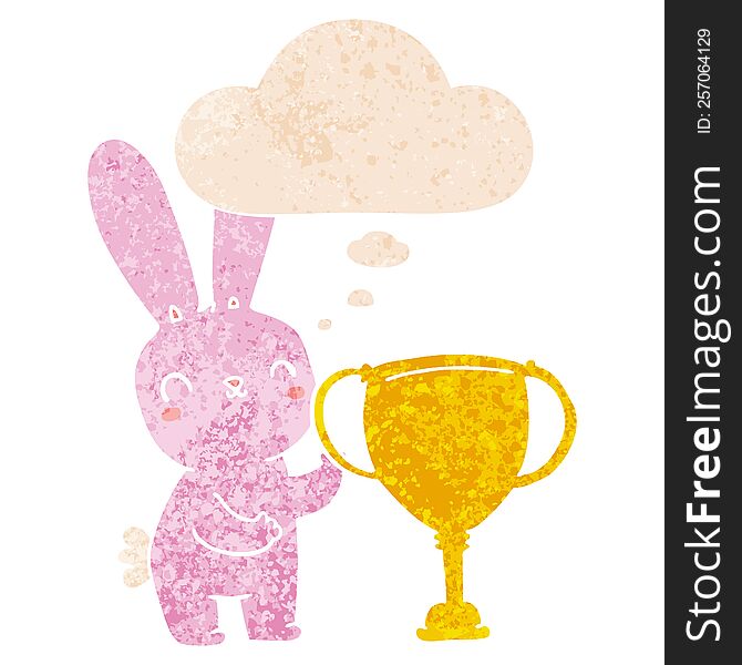 Cute Cartoon Rabbit With Sports Trophy Cup And Thought Bubble In Retro Textured Style