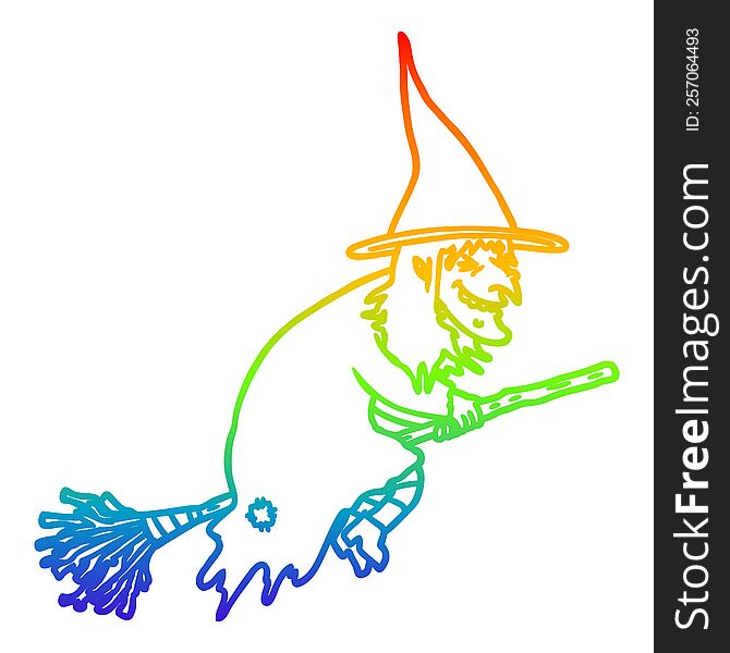 rainbow gradient line drawing cartoon witch on broom