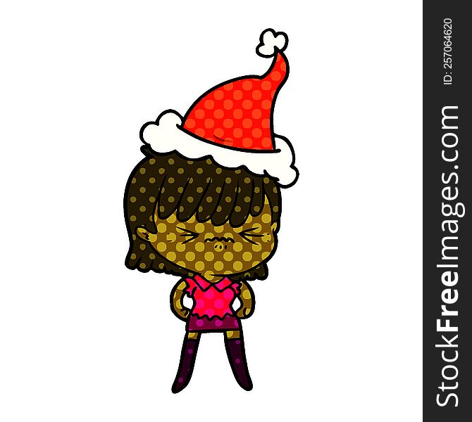annoyed hand drawn comic book style illustration of a girl wearing santa hat