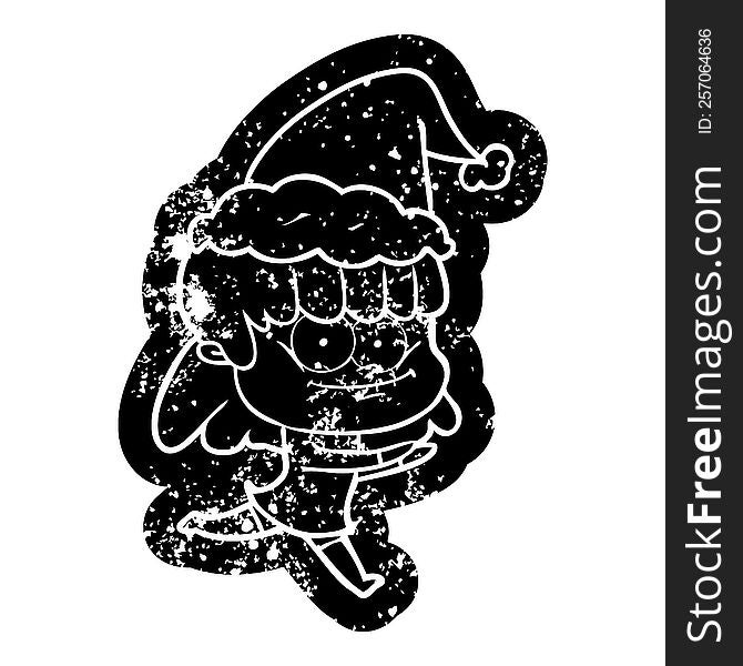 quirky cartoon distressed icon of a smiling woman wearing santa hat