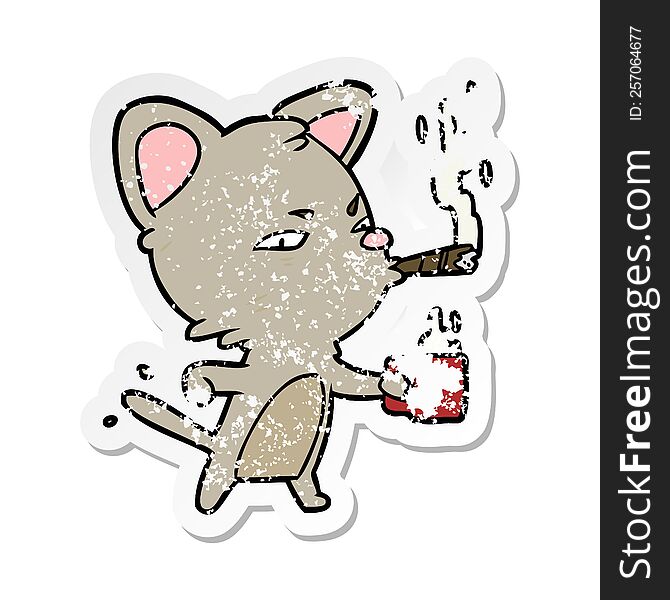 distressed sticker of a cartoon cat with coffee and cigar