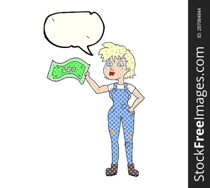 freehand drawn comic book speech bubble cartoon confident farmer woman with money