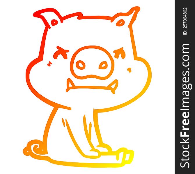 Warm Gradient Line Drawing Angry Cartoon Pig Sitting