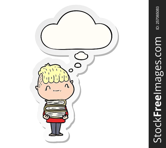 cartoon friendly boy with books with thought bubble as a printed sticker