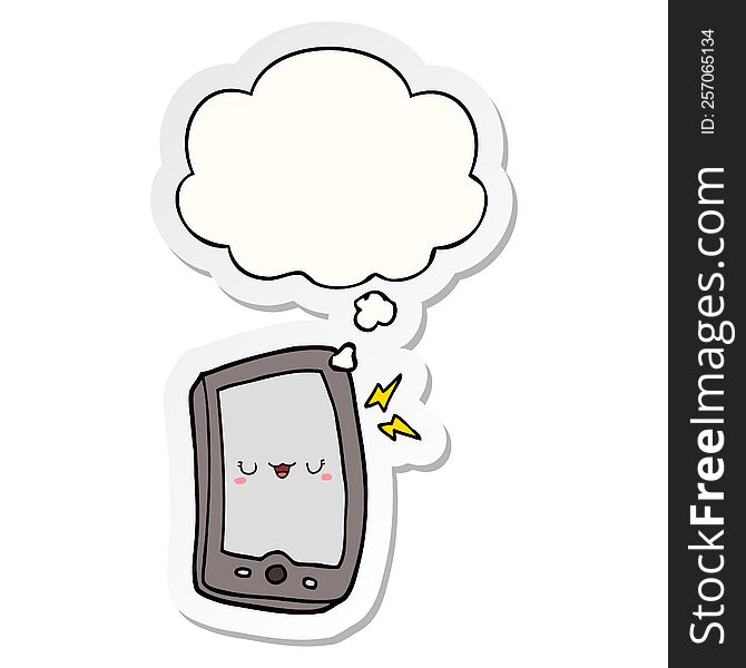 cute cartoon mobile phone with thought bubble as a printed sticker