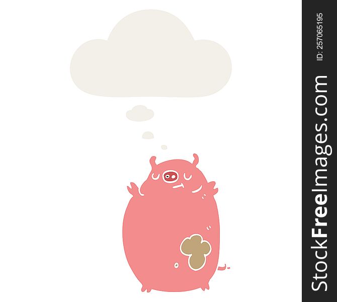 cartoon fat pig with thought bubble in retro style