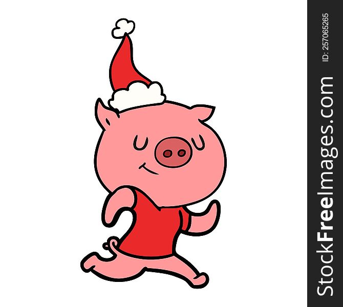 Happy Line Drawing Of A Pig Running Wearing Santa Hat