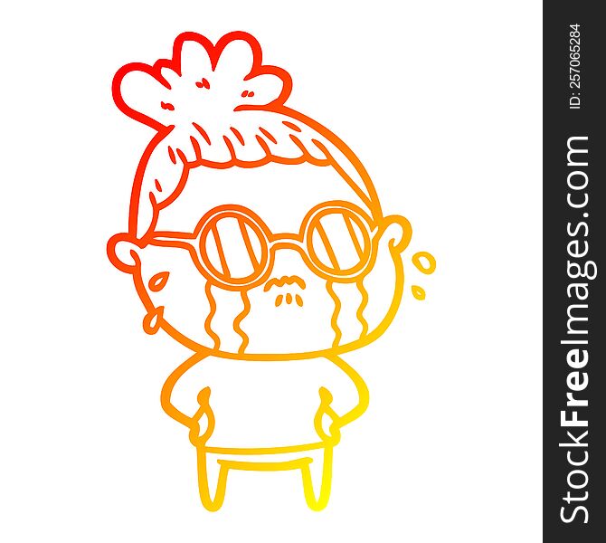 warm gradient line drawing of a cartoon crying woman wearing sunglasses