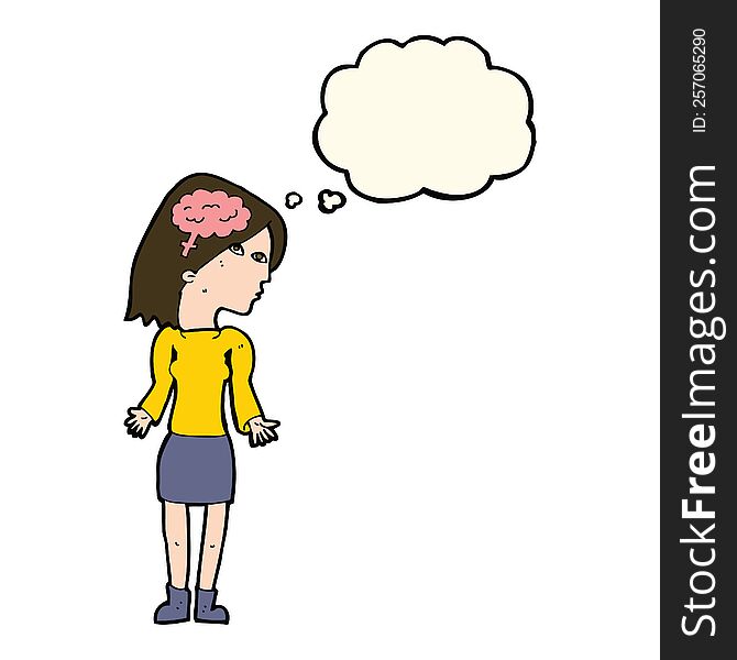 cartoon clever woman shrugging shoulders with thought bubble