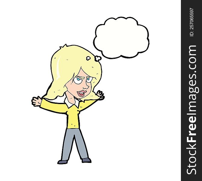 cartoon woman gesturing with thought bubble