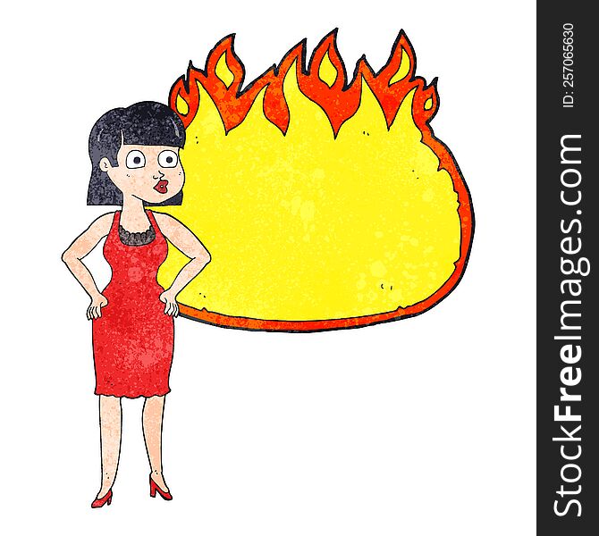 texture cartoon woman in dress with hands on hips and flame banner