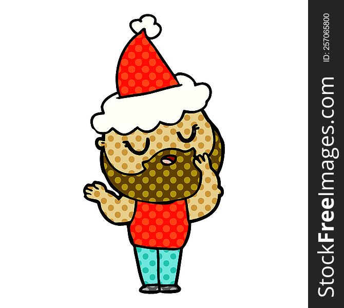 hand drawn comic book style illustration of a man with beard wearing santa hat