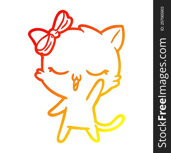 Warm Gradient Line Drawing Cartoon Cat With Bow On Head Waving