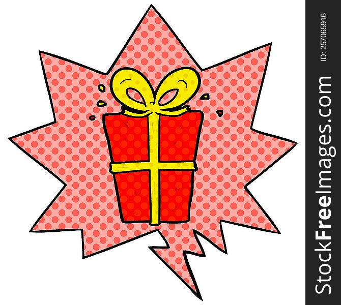 Cartoon Wrapped Gift And Speech Bubble In Comic Book Style