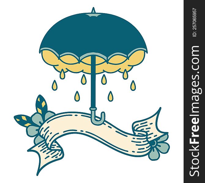 Tattoo With Banner Of An Umbrella And Storm Cloud