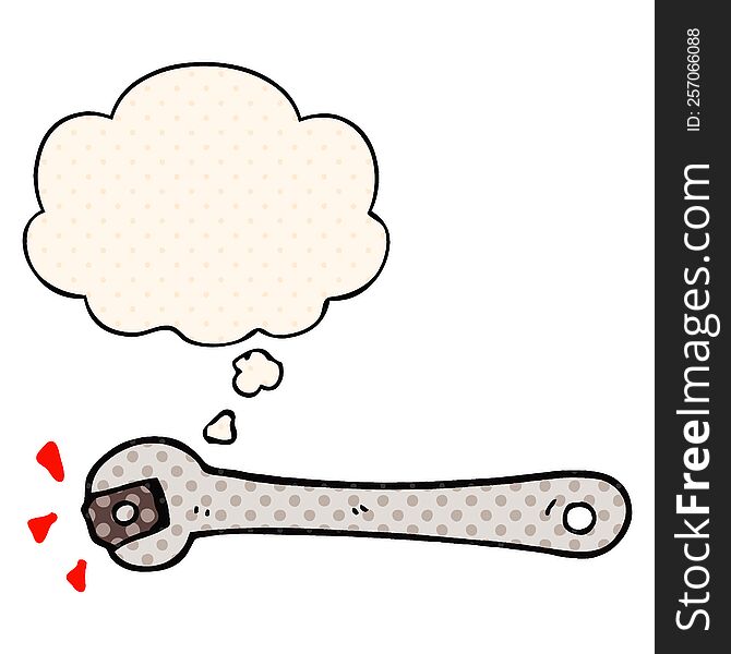 cartoon spanner turning nut with thought bubble in comic book style