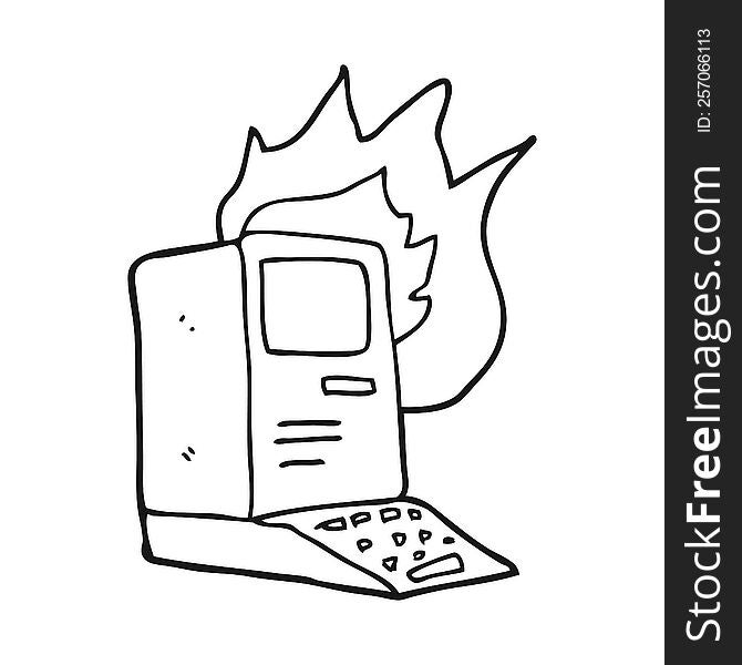 freehand drawn black and white cartoon old computer on fire