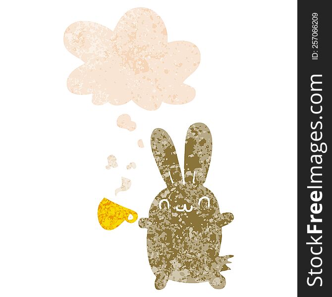 cute cartoon rabbit drinking coffee with thought bubble in grunge distressed retro textured style. cute cartoon rabbit drinking coffee with thought bubble in grunge distressed retro textured style