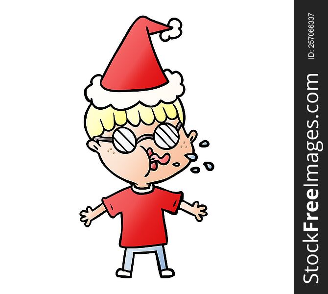 hand drawn gradient cartoon of a boy wearing spectacles wearing santa hat