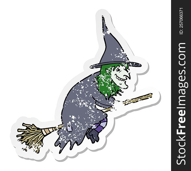 distressed sticker of a cartoon witch on broom