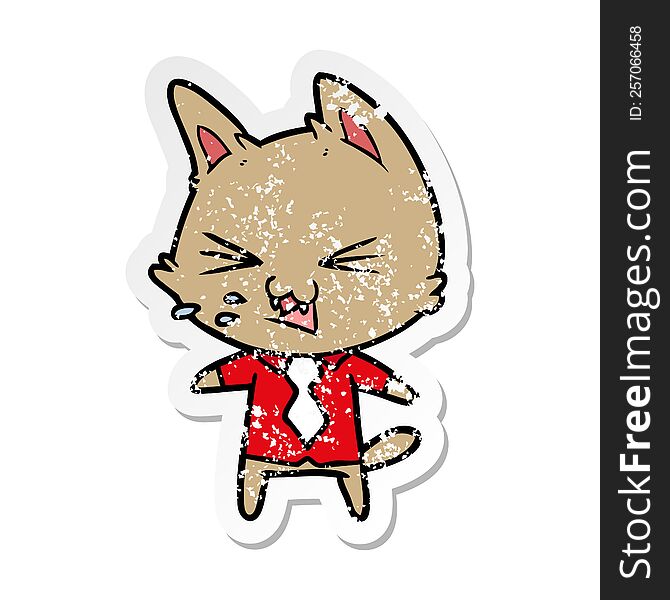 distressed sticker of a cartoon cat wearing shirt hissing