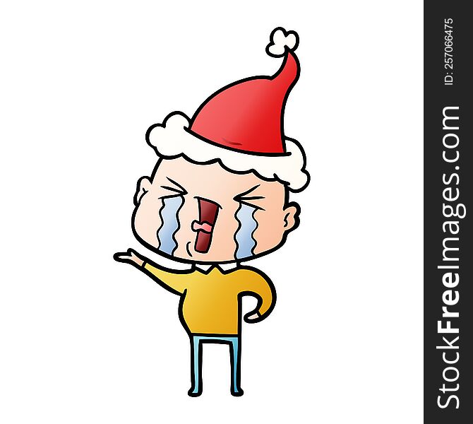 Gradient Cartoon Of A Crying Bald Man Wearing Santa Hat