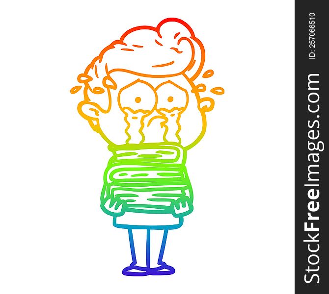 Rainbow Gradient Line Drawing Cartoon Crying Student With Stack Of Books