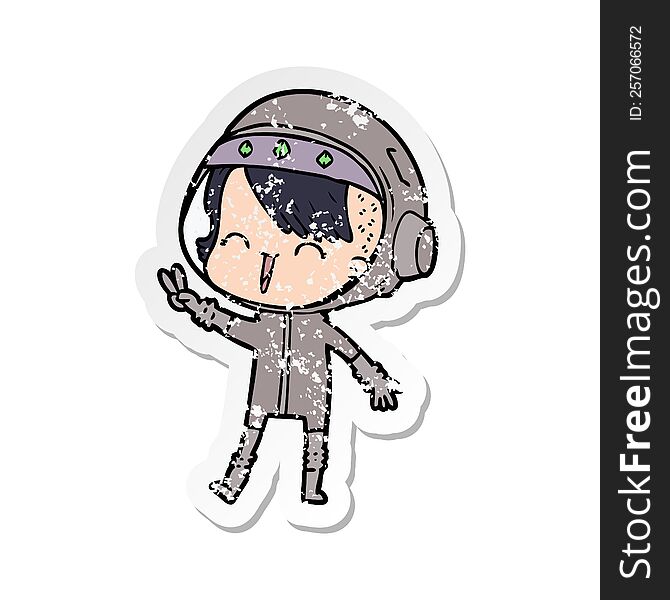 Distressed Sticker Of A Happy Cartoon Space Girl Giving Peace Sign