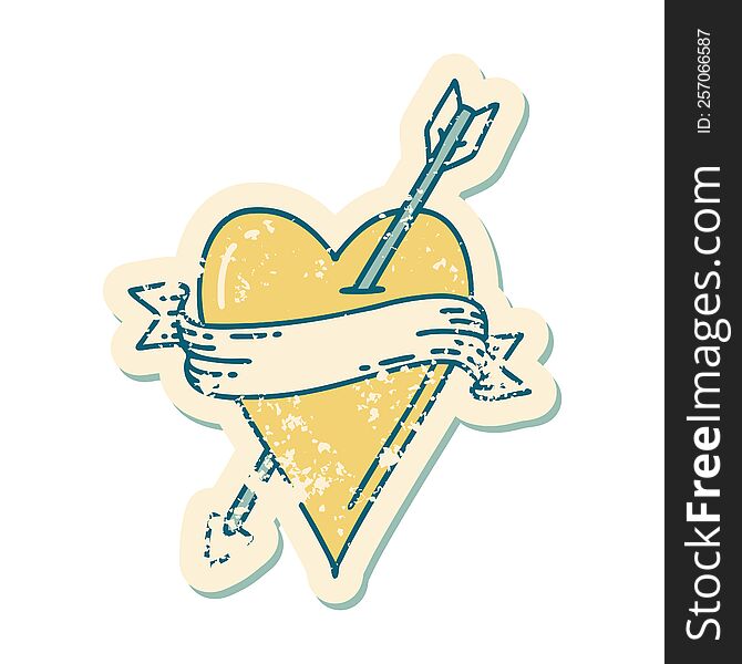 Distressed Sticker Tattoo Style Icon Of An Arrow Heart And Banner