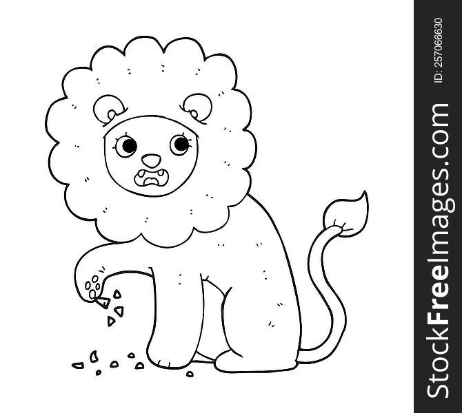 freehand drawn black and white cartoon lion with thorn in foot