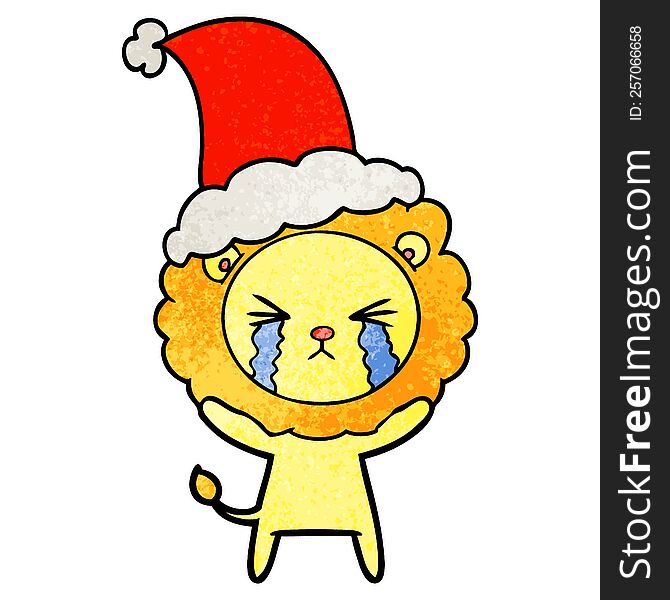 Textured Cartoon Of A Crying Lion Wearing Santa Hat