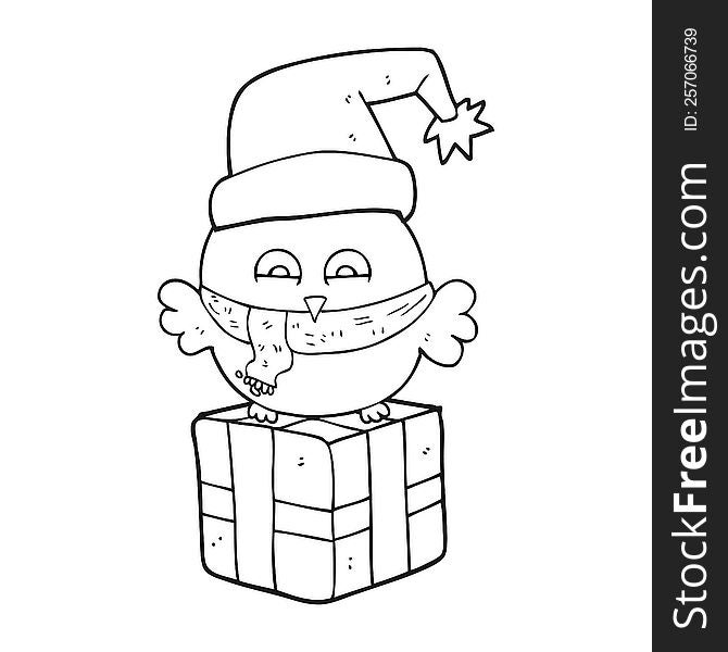 Black And White Cartoon Cute Christmas Owl On Gift
