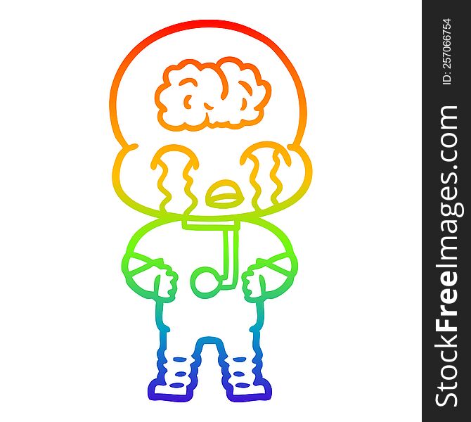 Rainbow Gradient Line Drawing Cartoon Big Brain Alien Crying