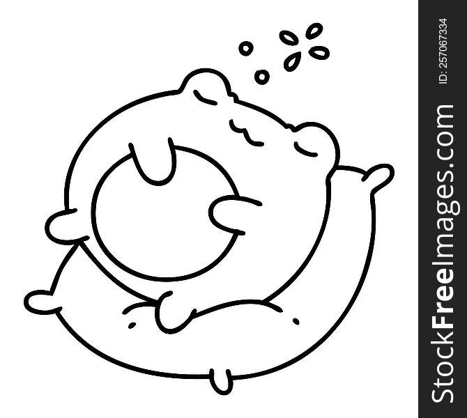 line doodle of a cute frog sleeping on a pillow