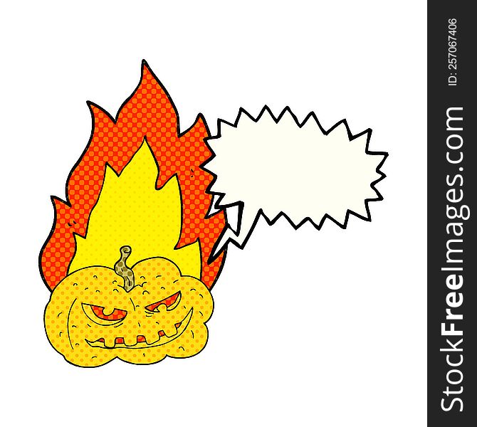 freehand drawn comic book speech bubble cartoon flaming halloween pumpkin