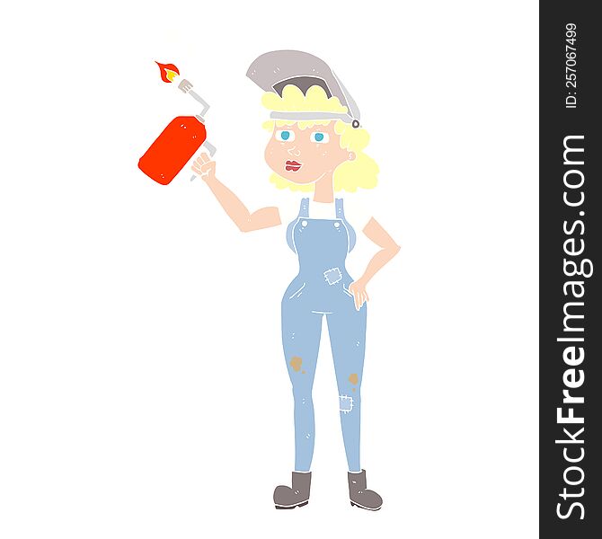 flat color illustration of a cartoon woman welding