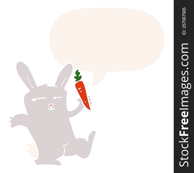 cartoon rabbit and carrot and speech bubble in retro style