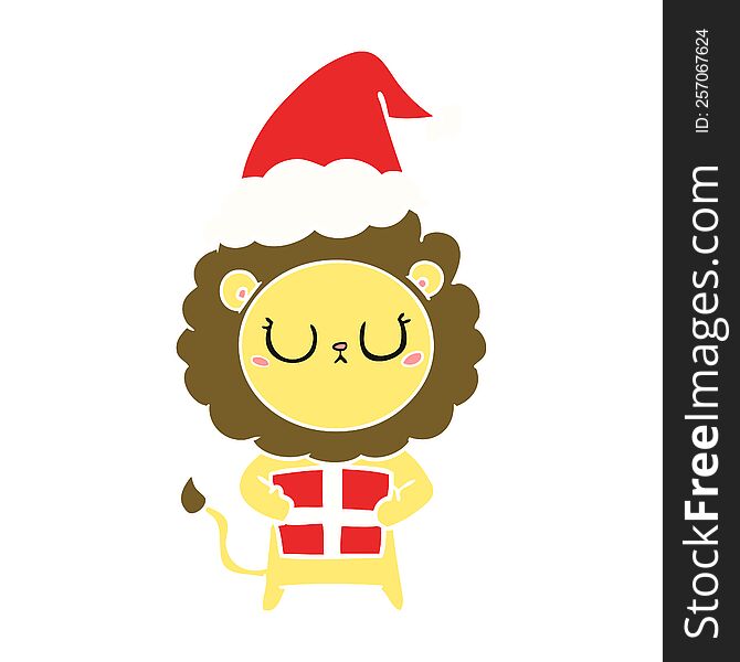 hand drawn flat color illustration of a lion with christmas present wearing santa hat