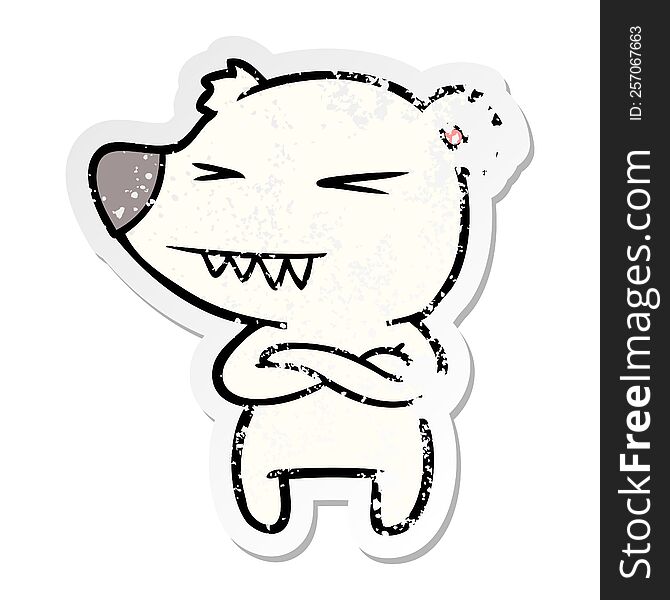 Distressed Sticker Of A Angry Polar Bear Cartoon With Folded Arms