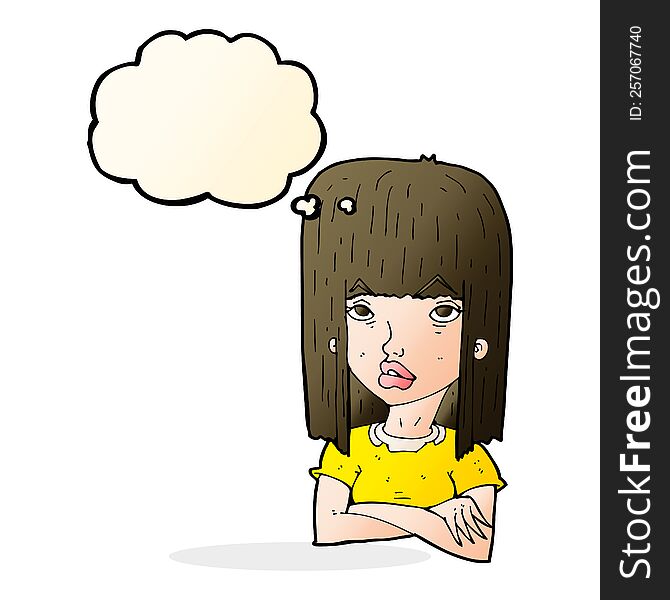 cartoon girl with folded arms with thought bubble