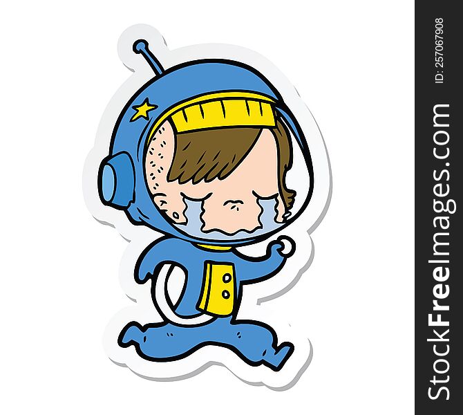 Sticker Of A Cartoon Crying Astronaut Girl Running